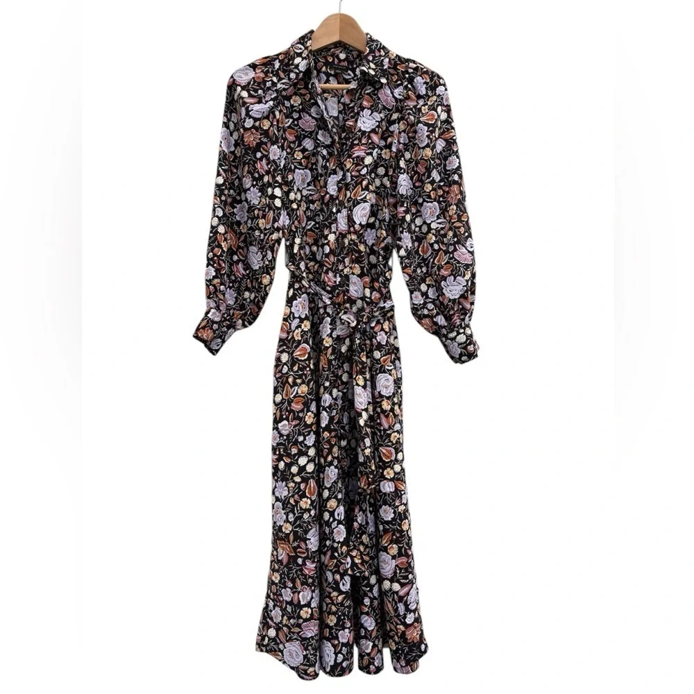 Ann Taylor Dark Floral Shirtdress Size 4 Midi Cottagecore Classic Black Multi